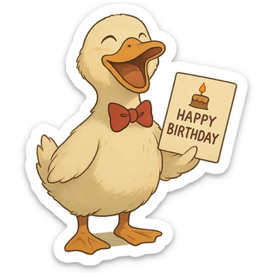 laughing duck with bowtie holding birthday card sticker