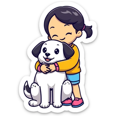 girl hugging a happy dog sticker