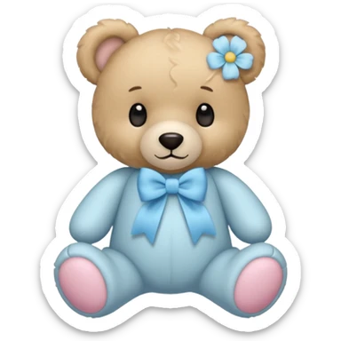 teddy bear with pastel blue bow and flower sticker