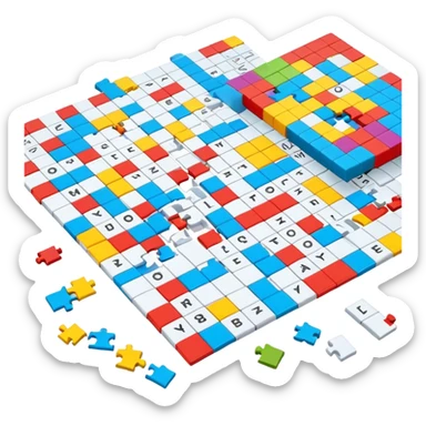 A photorealistic icon with a colorful, fragmented crossword magazine, a 3D puzzle, and a partially completed puzzle on a table. Bright, detailed design with realistic lighting. Transparent background, clearly symbolizing puzzles and brain games. sticker