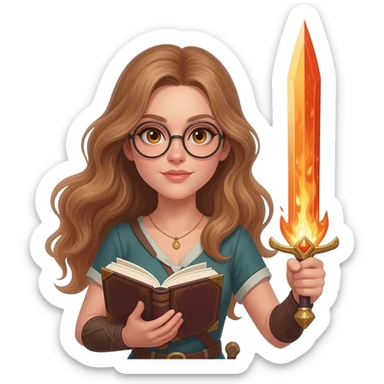 detailed emoji illustration of a woman with long light brown wavy hair and light brown eyes wearing round glasses, holding a book in one hand and raising a flaming sword in the other, heroic fantasy pose, emoji style sticker