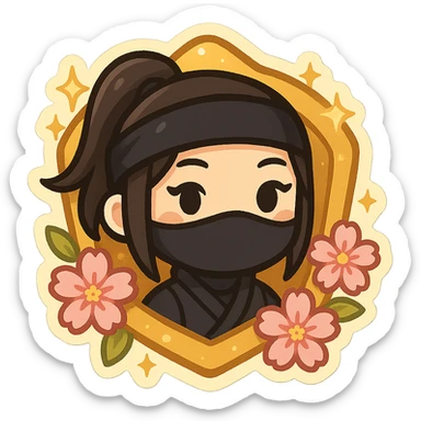 Keep the previous badge design with the chibi ninja girl's face in the center, gold color, sakura flowers, sparkly effects, and badge shape. Make the badge a little less realistic and more stylized, with softer shading and simpler, cleaner lines, but keep the overall look close to the previous version. Transparent background, sized for Twitch or Discord use. sticker