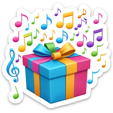 A wrapped gift box opening with colorful music notes flying out from the box sticker