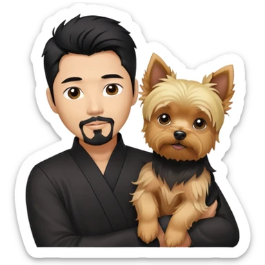 Dark haired Korean Asian handsome man with black pointy hair full goatee.   Holding one blonde yorkie.  sticker