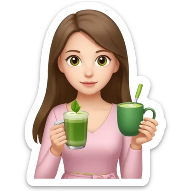 white long brunette hair girl with hazel eyes wearing light pink who is holding matcha sticker