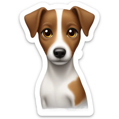 Jack Russell dog in the arms of a girl with brown hair and a mole above her lip sticker