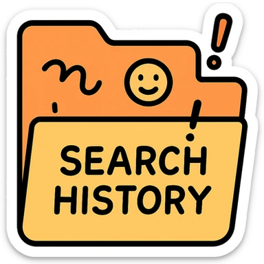 cartoon icon of a file folder labeled 'search history' with comical doodles and exclamation marks sticker