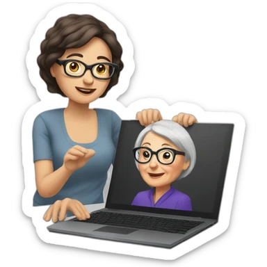 Brunette with glasses coaching old woman on computer sticker