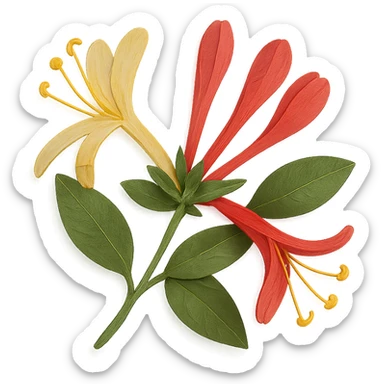close-up of honeysuckle flowers, fine paper edges, tubular blossoms, green foliage, expressive arrangement sticker