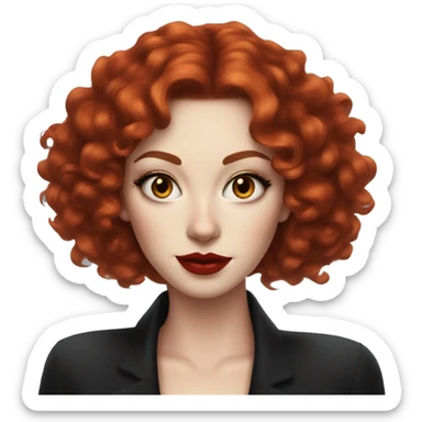 Pale Woman with short, dark curly red hair, bright red lipstick and dark cat-eye makeup sticker