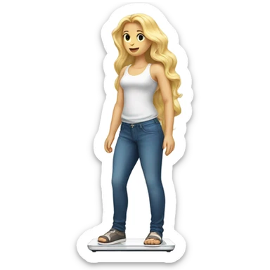 White woman, long hair, blonde hair, wavy hair, on scale, weight loss sticker