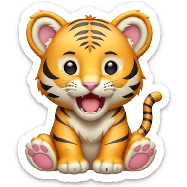 Cinematic Cute Yawning Tiger Cub Portrait Emoji, Head tilted slightly with a dramatic, wide-open yawn, showcasing a small, plush body with drowsy, half-closed eyes and an open, relaxed expression, Simplified yet irresistibly adorable features, highly detailed, glowing with a soft, cozy wild glow, high shine, relaxed yet expressive, stylized with a dash of whimsical jungle charm, soft glowing outline, capturing the essence of a drowsy yet affectionate tiger cub that appears ready to stretch out for a nap! sticker
