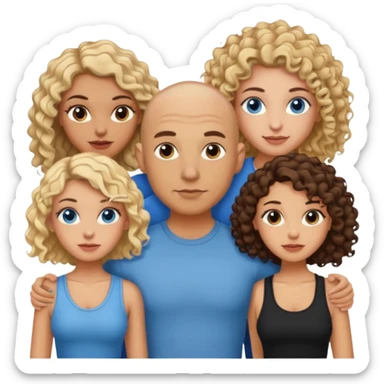 tattooed covered bbald brown eyed male with blonde haired blue eyed big boob female with brunette curly haired brown eyed big boob female throuple  sticker