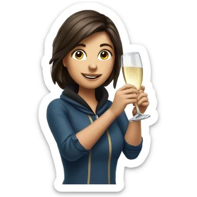 Brunette girl popping champagne with a ski sticker