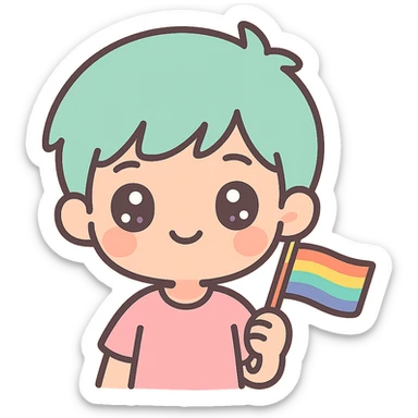 anime boy with short hair, holding a small pride flag, expressive eyes, vibrant colors sticker