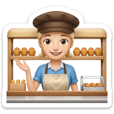 A 3D cartoon deli worker wearing an apron and hat, serving a customer at the counter, friendly smile, Memoji-style. sticker