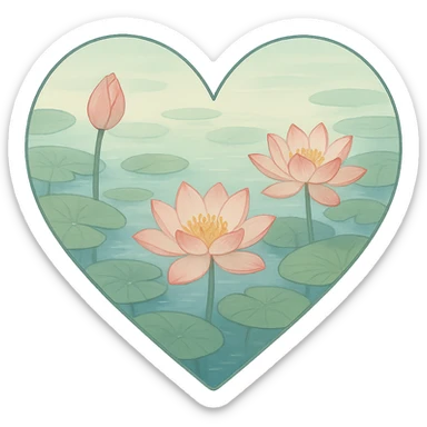 heart with a tranquil lotus blossom pond, clean digital illustration sticker