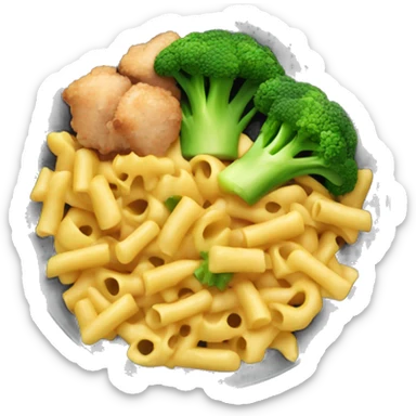 dish with macaroni and pieces of broccoli and chicken sticker