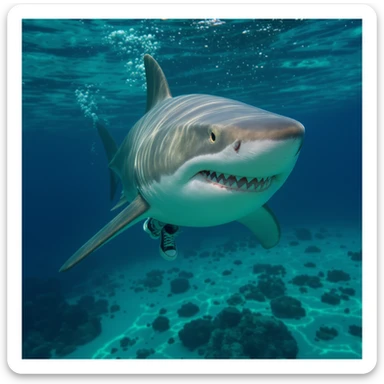 realistic shark wearing shoes, professional photography style sticker