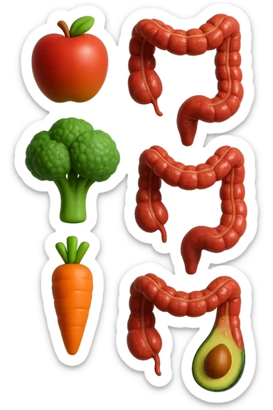 emoji stile iphone in 3d di cibo sano che fluttua in aria vericalmente insieme ùa pezzi di colon umano anatomico, iperrealistico 4k sticker