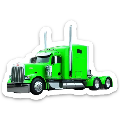 neon green peterbilt semi truck lowered on the ground with large chrome wheels and chrome smoke stacks profile view sticker