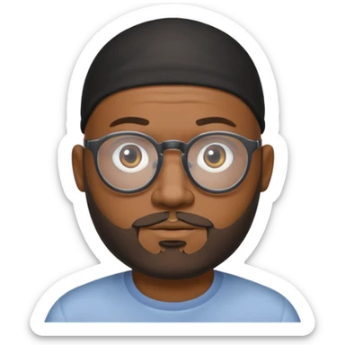 African american male, bald, salt and pepper beard. Round face, glasses sticker