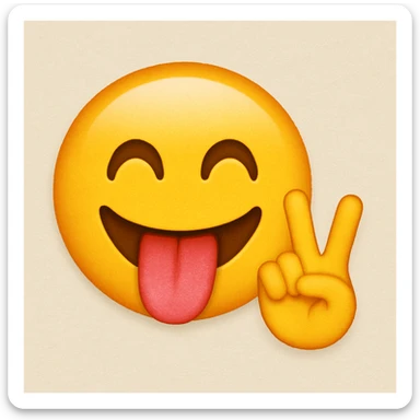 Yellow face iPhone emoji, tongue sticking out, putting up a peace sign sticker