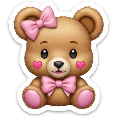 The og emoji teddy bear with some pink blush and a cute pink coquette bow in the ear sticker