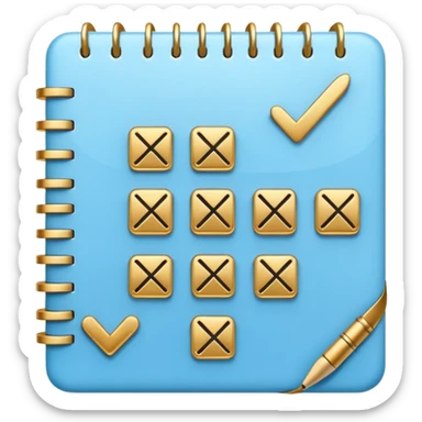 modern elegant planner with checkmarks emoji, 3D style, soft blue and gold, clean design sticker