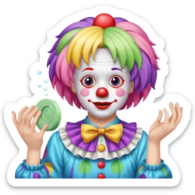 Clown dropping down to pick up soap looking from behind sticker