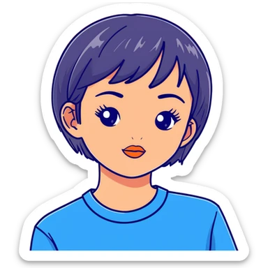 profile picture of a 22-year-old girl with short hair, cool tone makeup, blue shirt sticker