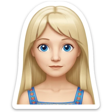 50 yr old white woman, hippie parted very long hair, short bangs, very long straight blond hair, oval face, small smile, blue eyes, thin face, hair downback, hair parted at center of head, round cheeks, pale, longer hair, white evening dress sticker