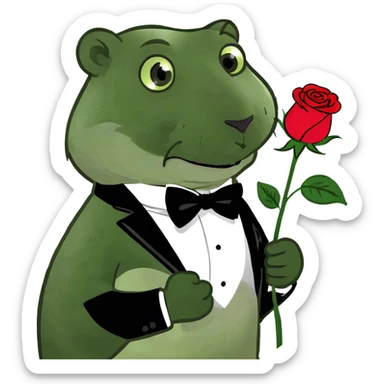 A beaver dressed in a tuxedo is holding a rose in its paws. sticker