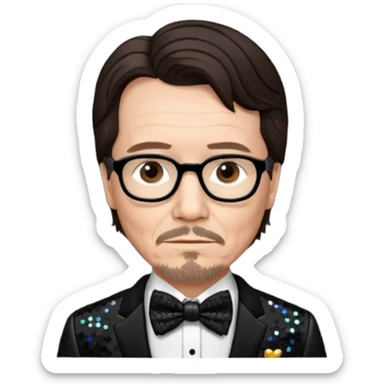Gary Oldman with dark brown hair hair, black sequin suit with bow tie sticker
