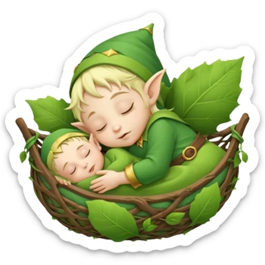Baby elf sleeping in leaf cradle sticker
