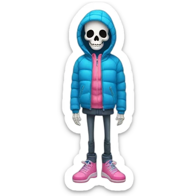 skeleton friendly in a blue winter jacket with pink shoes and NOT Wearing his hood! sticker
