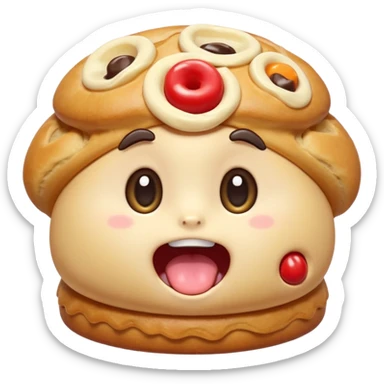 Funny cartoon mini  chochklet pastry, slightly messy and squished, big round eyes, wide open mouth, playful surprised expression, text above: "ПАСТИЧКА", chibi style, Twitch emoji style, transparent background, colorful

 sticker