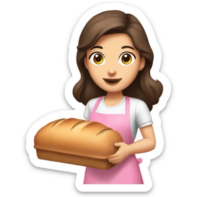 brunette girl with long and brown eyes and big lips baking bread in a pink apron holding a bread pan sticker