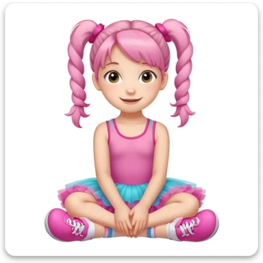 A cute young girl with pigtails sits on the floor, wearing a pink tutu dress and colorful sneakers. She has large, expressive eyes and a cheerful smile, resting her chin on her hands. The background is a soft, neutral color that enhances her playful demeanor. sticker