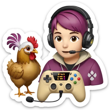 Pack emote, Sfondo trasparente e Dimensioni: (28x28, 56x56, 112x112) 
Stile Gamer: Il radicchio indossa cuffie da gaming e interagisce con controller o schermi, mentre i polli appaiono come icone di supporto o spettatori, colore font diverso in ogni emote sticker