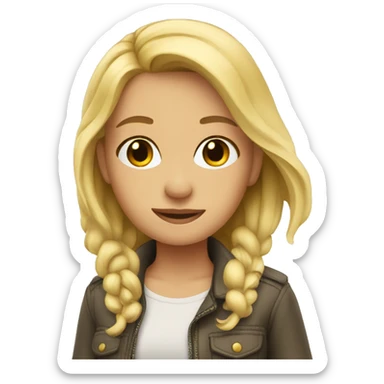 A blonde girl by a plane sticker