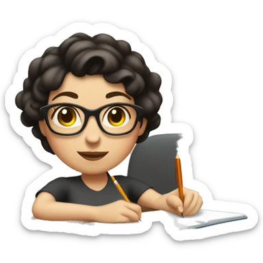 white skin mom with short dark hair writing  a notebook on a wooden desk  sticker