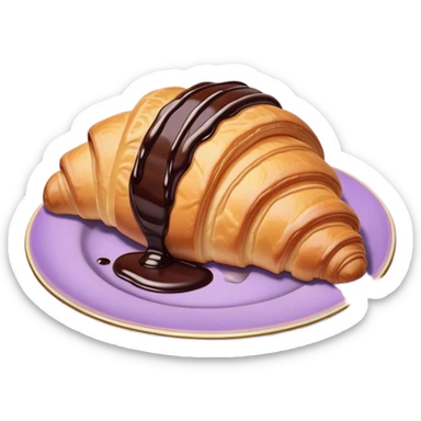 There's a croissant with chocolate syrup in a vintage pale purple plate. sticker