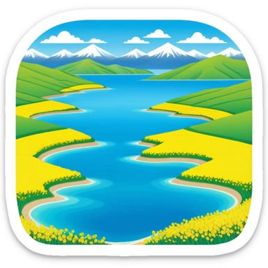Qinghai Lake spring scenery with rapeseed flowers and blue water, simplified emoji style with bold outlines and bright colors, cartoon style vast lake with mountains sticker