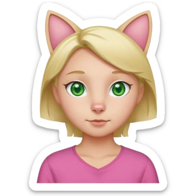 Squareded Ears Pink Skin Green Eyes Cat Shaped Pupils Heart Shaped Forehead Blonde Haired Pink Shirt  sticker