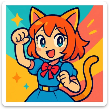 cat girl, vibrant anime style, cute, expressive, large eyes, cat ears, playful pose sticker