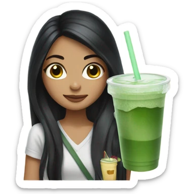 girl with long black hair and an iced matcha sticker