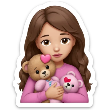 girl with long wavy brown hair, brown eyes, light to medium complexion, in a pink shirt, pink lips, long lashes, sad, hugging squeezing a teddy bear with a broken heart band aid sticker