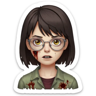 The basic iPhone emoji is a zombie girl with dark brown hair long below her shoulders bangs and a ragged haircut gray eyes glasses sticker