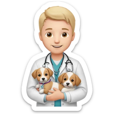 Young male vet – white coat, stethoscope, holding puppy. sticker
